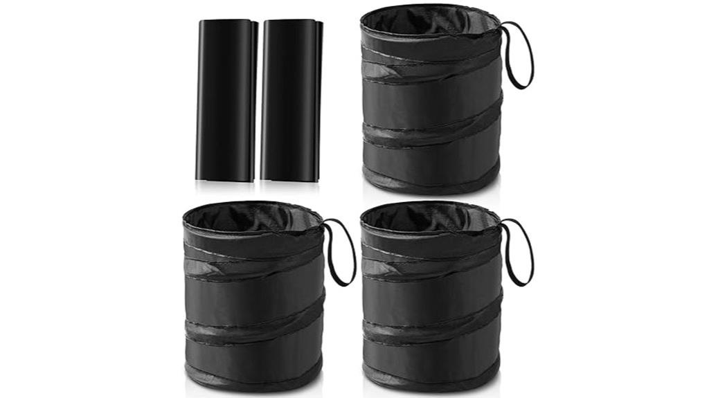 three portable trash cans