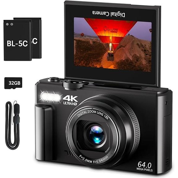 4K 64MP Vlogging Camera with Flip Screen & 32GB SD