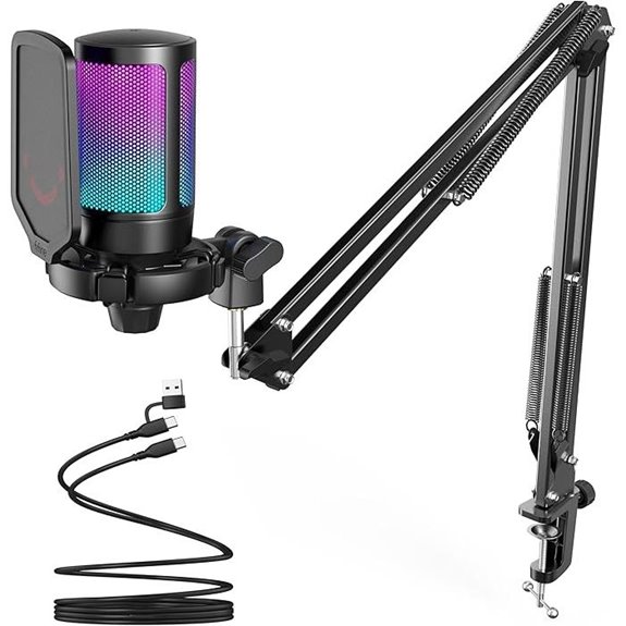 FIFINE Gaming USB Microphone with Boom Arm and RGB