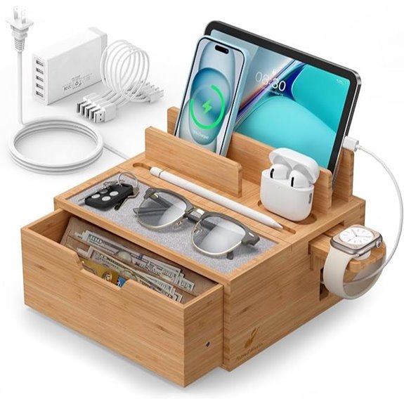 Multi-Device Bamboo Charging Station with Cables