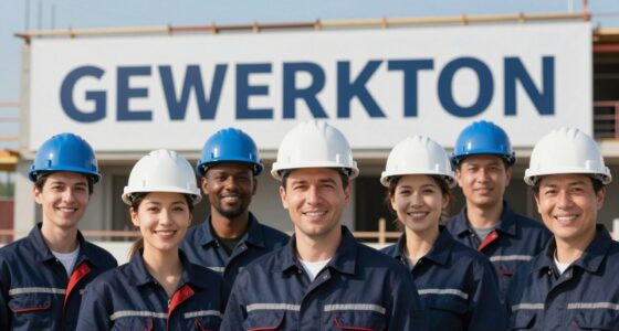 Group photo on a construction site: eight people in navy work clothes with blue and white hard hats in front of a site sign reading GEWERKTON